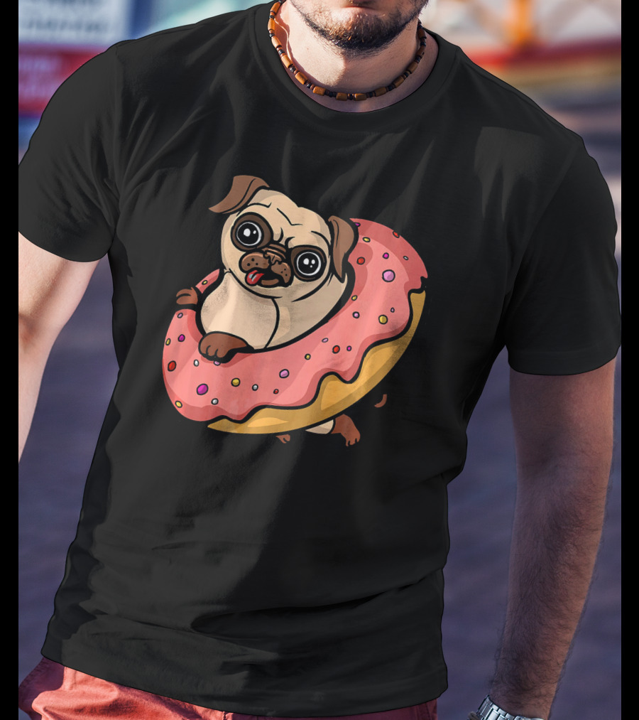 Pug Dog With Pink Frosted Donut Lover T-Shirt