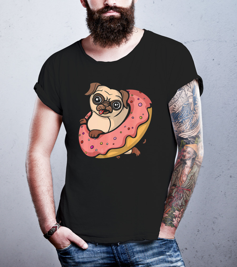 Pug Dog With Pink Frosted Donut Lover T-Shirt
