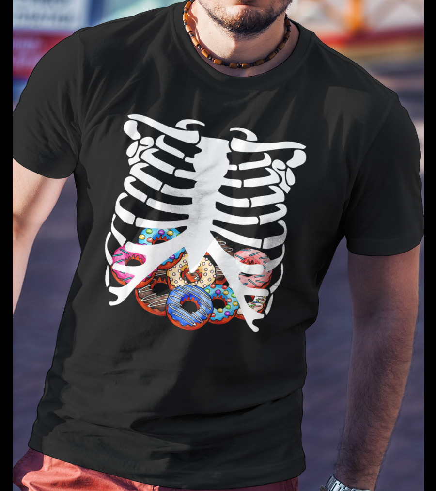 Halloween Skeleton Ribcage With Colorful Donut Food T-Shirt