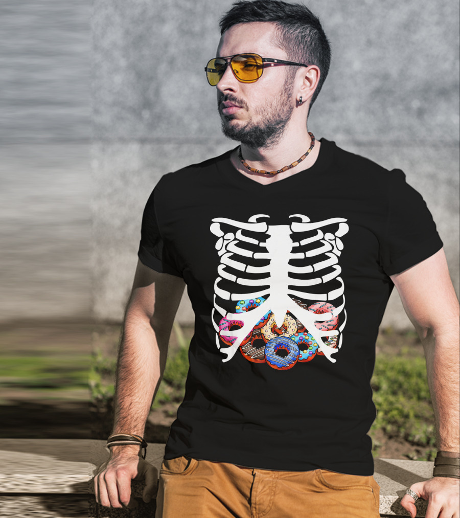Halloween Skeleton Ribcage With Colorful Donut Food T-Shirt