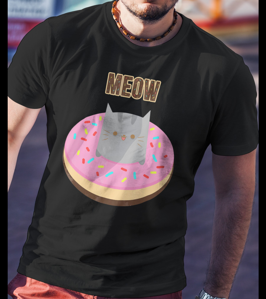 MEOW Adorable Cat Sitting In Colorful Donut T-Shirt