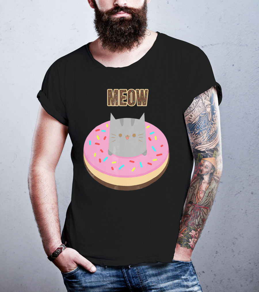 MEOW Adorable Cat Sitting In Colorful Donut T-Shirt