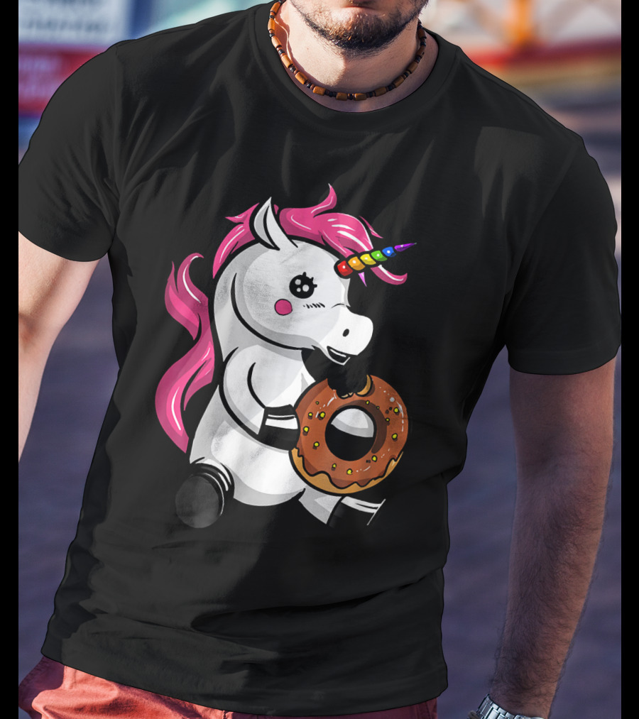 Magical Unicorn With Rainbow Horn Enjoying Chocolate Donut T-Shirt