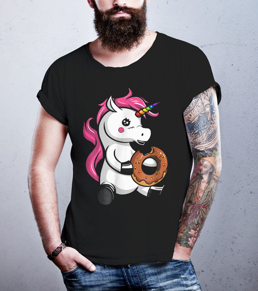 Magical Unicorn With Rainbow Horn Enjoying Chocolate Donut T-Shirt