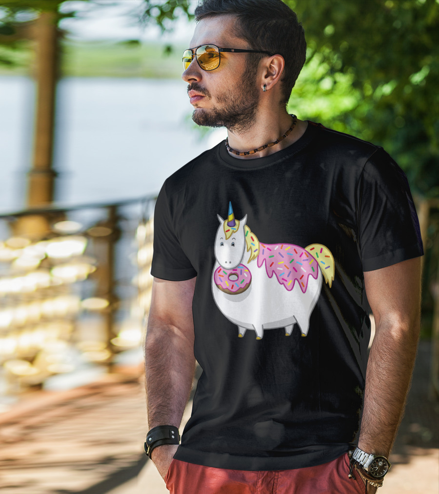 Funny Cute Fat Unicorn With Pink Frosting Doughnut T-Shirt