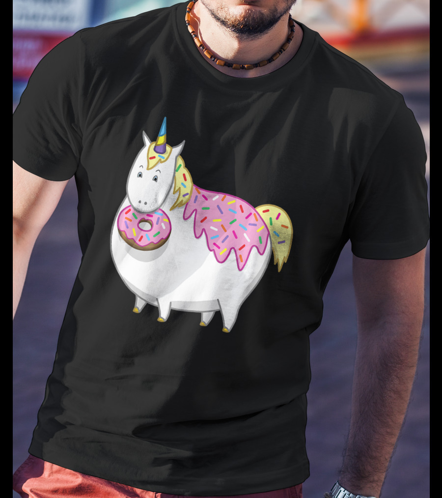 Funny Cute Fat Unicorn With Pink Frosting Doughnut T-Shirt