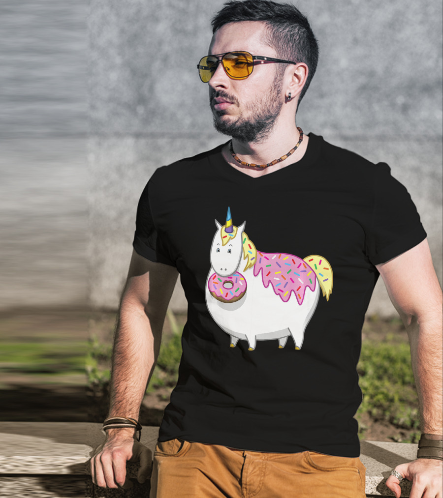 Funny Cute Fat Unicorn With Pink Frosting Doughnut T-Shirt