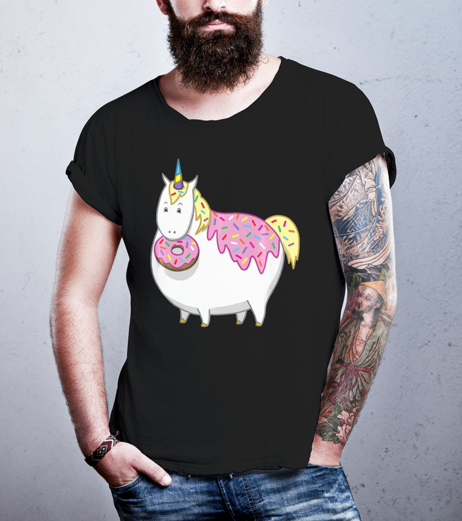 Funny Cute Fat Unicorn With Pink Frosting Doughnut T-Shirt