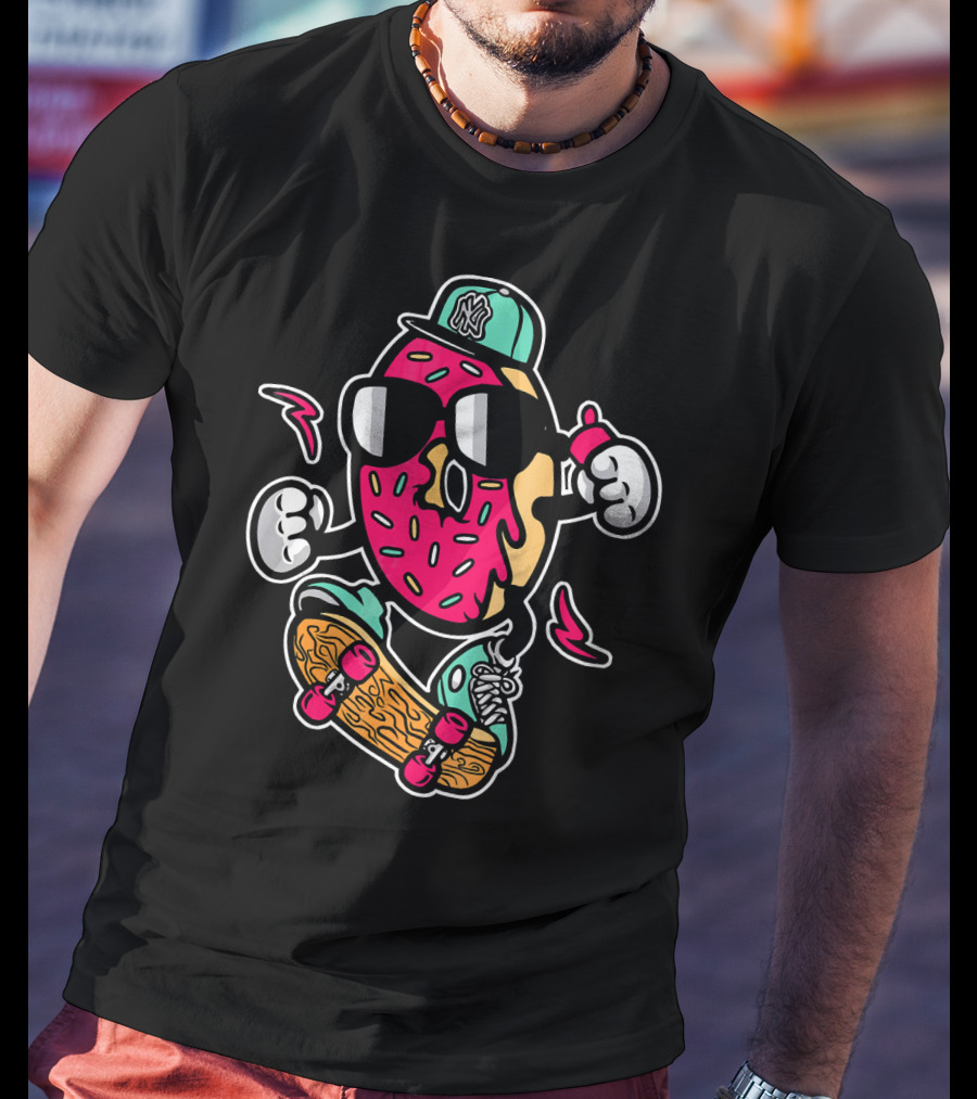 Cute Funny Unique Donut Skateboard Car With NY Hat T-Shirt