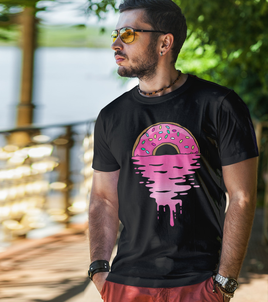 Pink Glazed Donut Melting Into Sunset Horizon T-Shirt