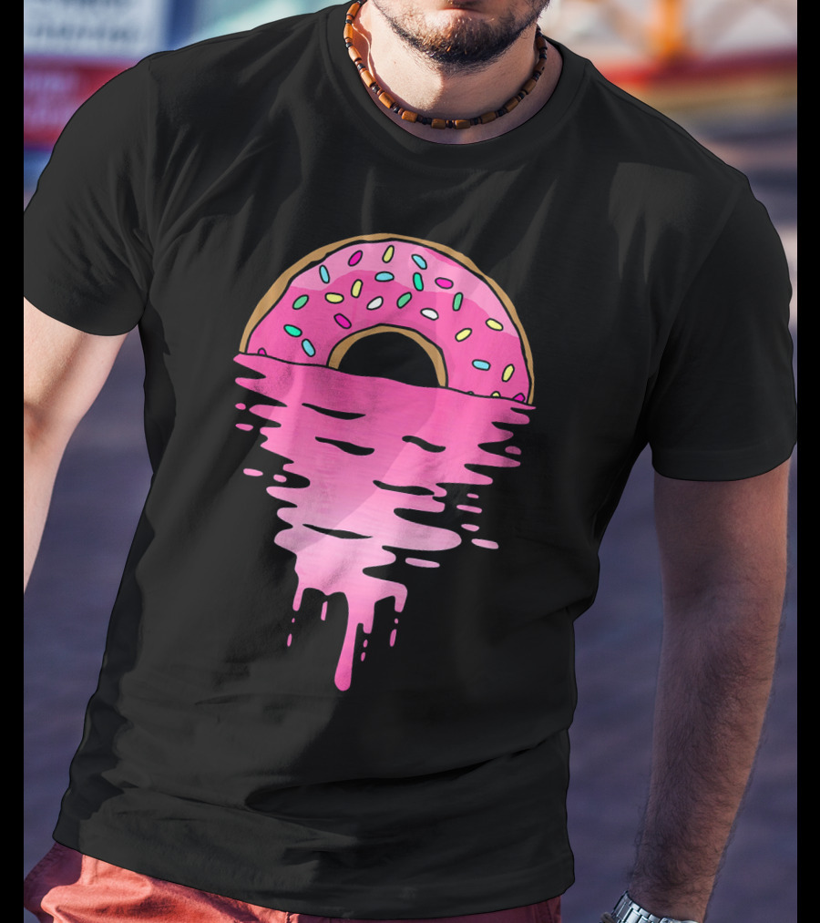 Pink Glazed Donut Melting Into Sunset Horizon T-Shirt