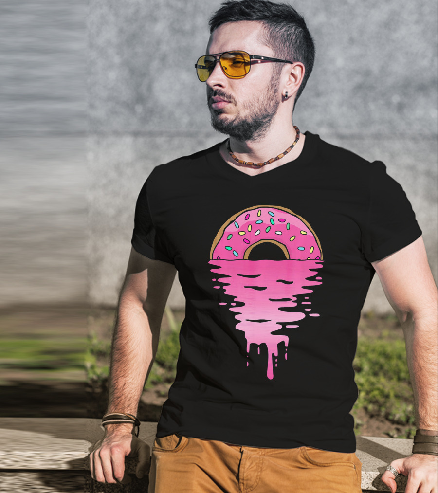 Pink Glazed Donut Melting Into Sunset Horizon T-Shirt