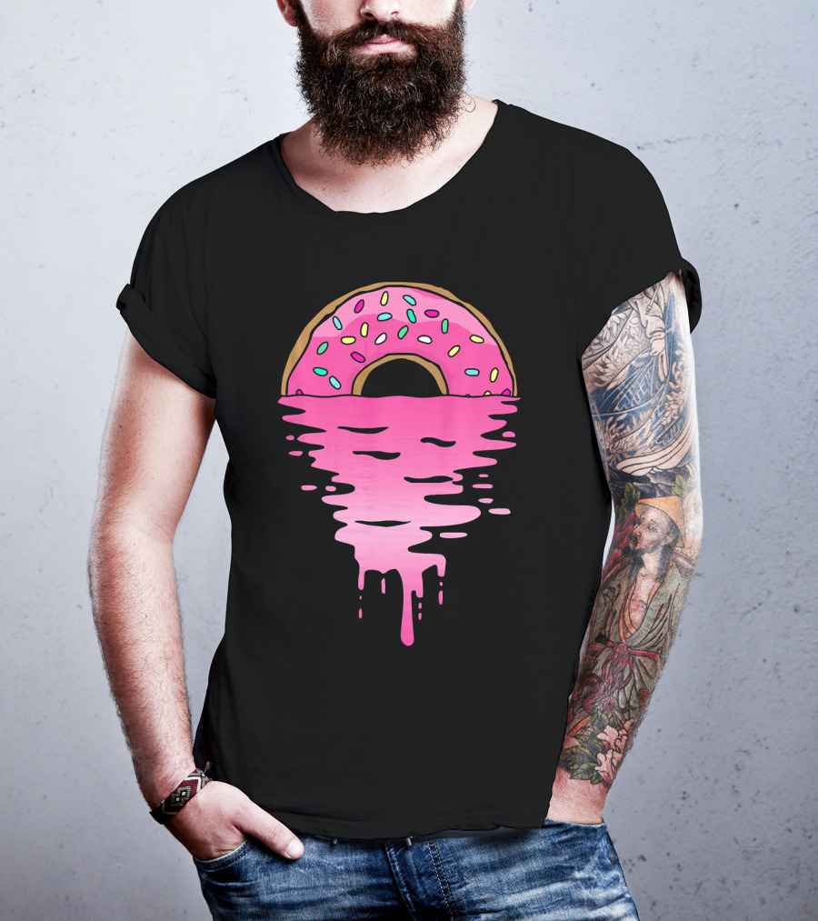 Pink Glazed Donut Melting Into Sunset Horizon T-Shirt
