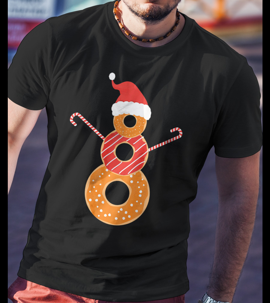 Santa Hat Donuts Doughnut Snowman With Candy Cane Arms T-Shirt