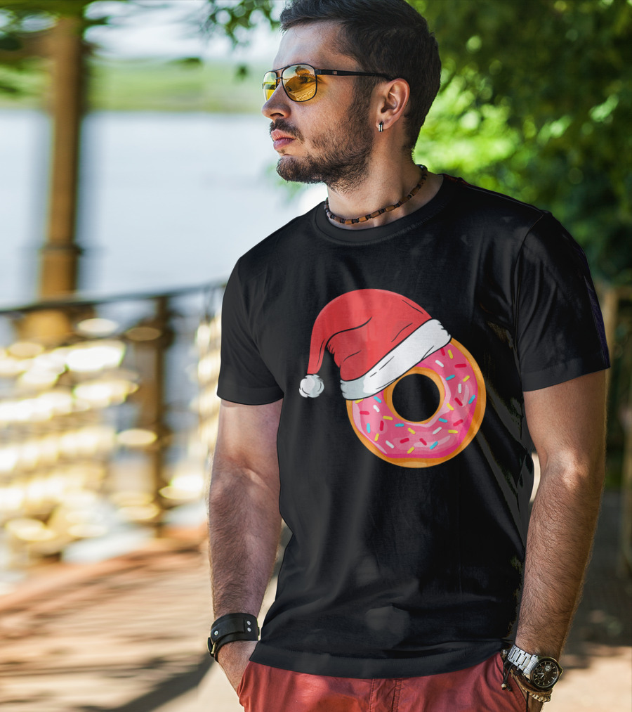 Santa Hat On Sprinkled Donut Holiday Humor T-Shirt
