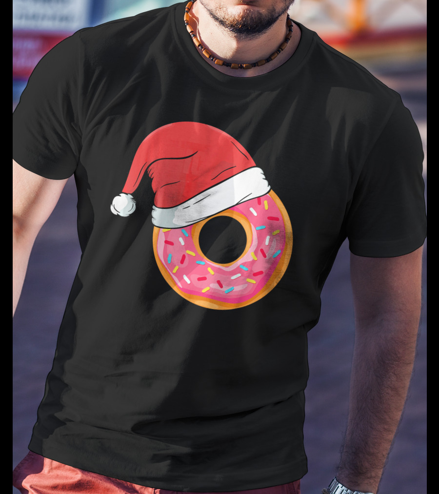 Santa Hat On Sprinkled Donut Holiday Humor T-Shirt