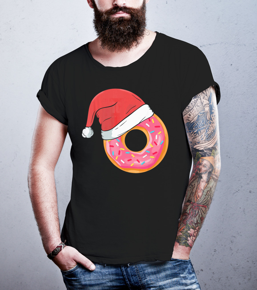 Santa Hat On Sprinkled Donut Holiday Humor T-Shirt