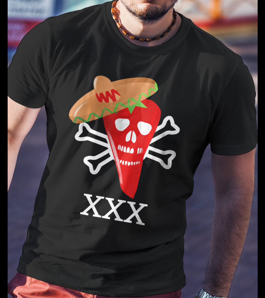 Funny Red Hot Chili Pepper Sombrero Skull Crossbones XXX T-Shirt