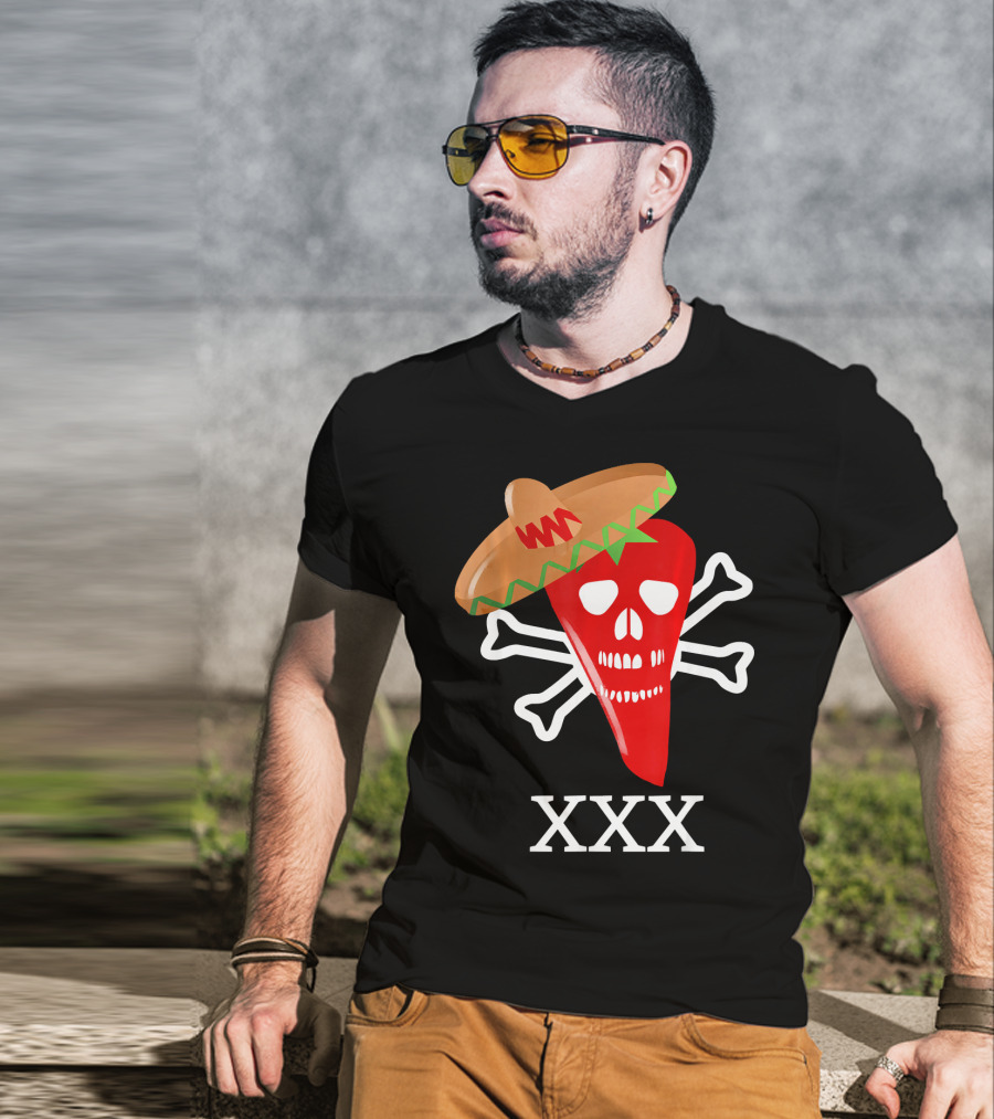 Funny Red Hot Chili Pepper Sombrero Skull Crossbones XXX T-Shirt