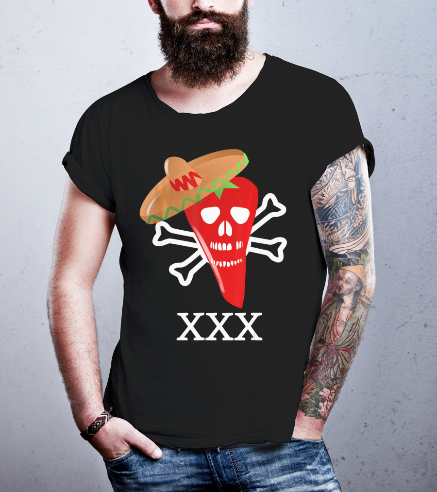 Funny Red Hot Chili Pepper Sombrero Skull Crossbones XXX T-Shirt