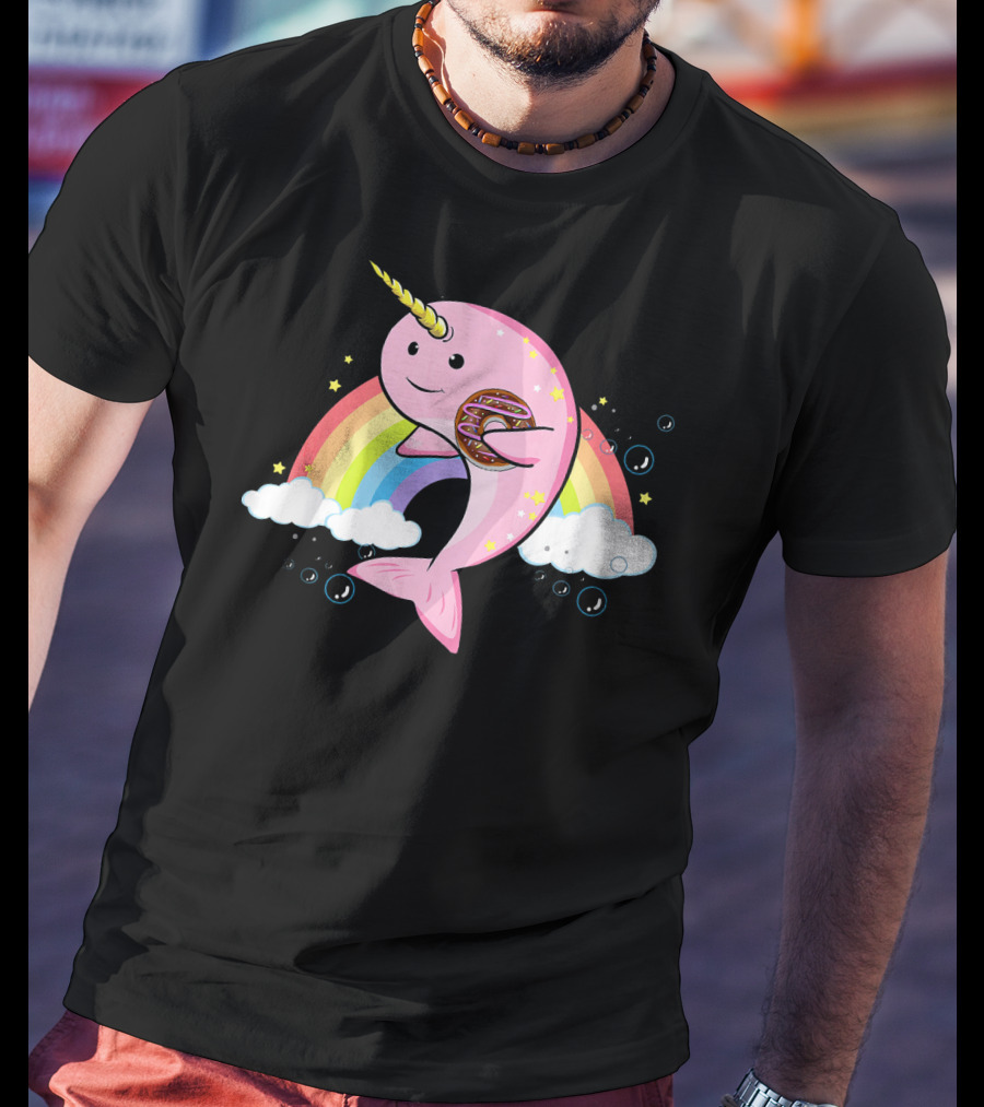 Funny Narwhal Unicorn Of The Sea With Donut On Rainbow Cloud T-Shirt
