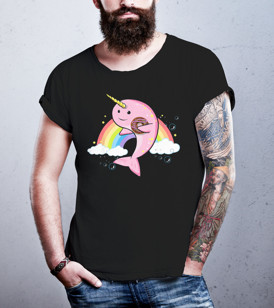 Funny Narwhal Unicorn Of The Sea With Donut On Rainbow Cloud T-Shirt