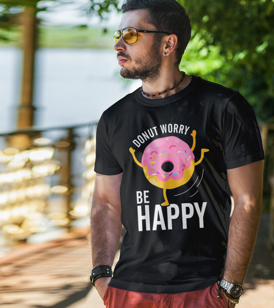Donut Worry Be Happy Pink Sprinkled Dancing Donut T-Shirt