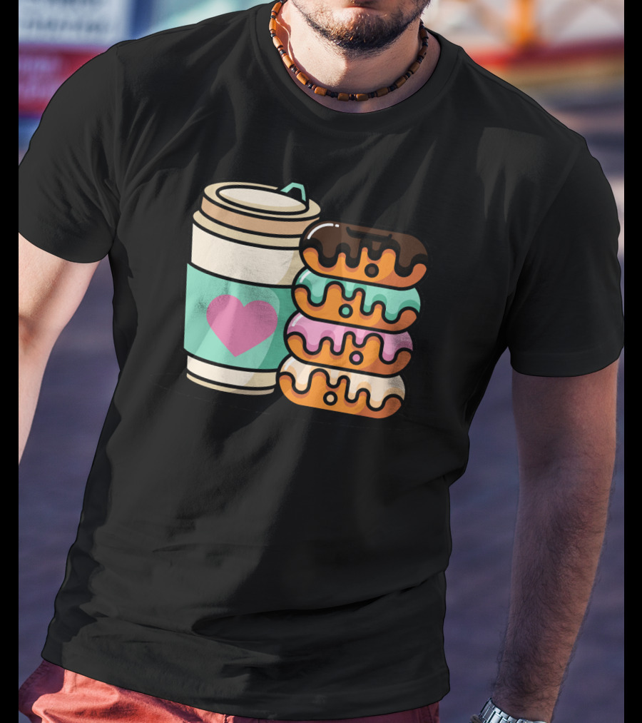 Coffee Donut Lover Heart Stack Doughnut T-Shirt