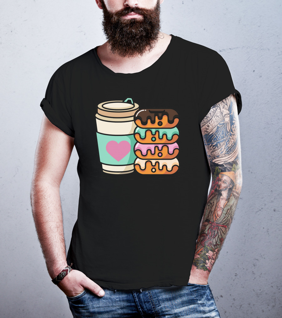 Coffee Donut Lover Heart Stack Doughnut T-Shirt