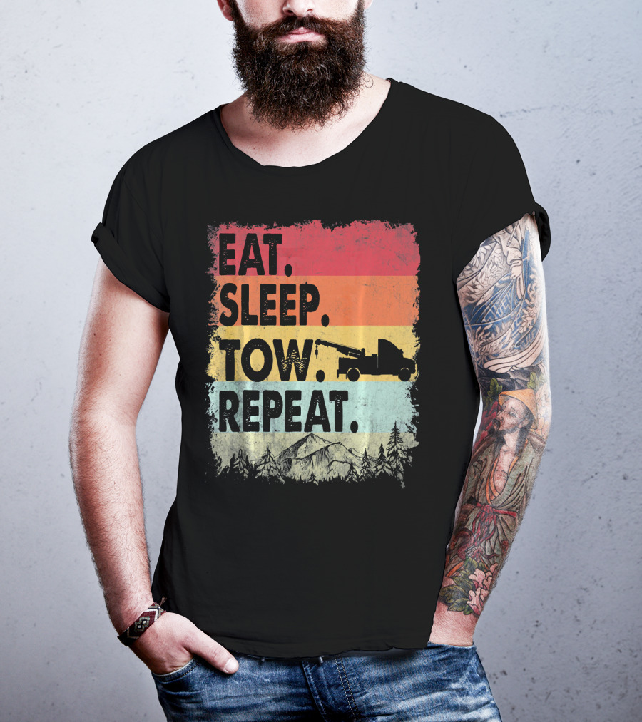 Eat Sleep Tow Repeat Funny Tow Truck Vintage Sunset Mountains Forest T-Shirt