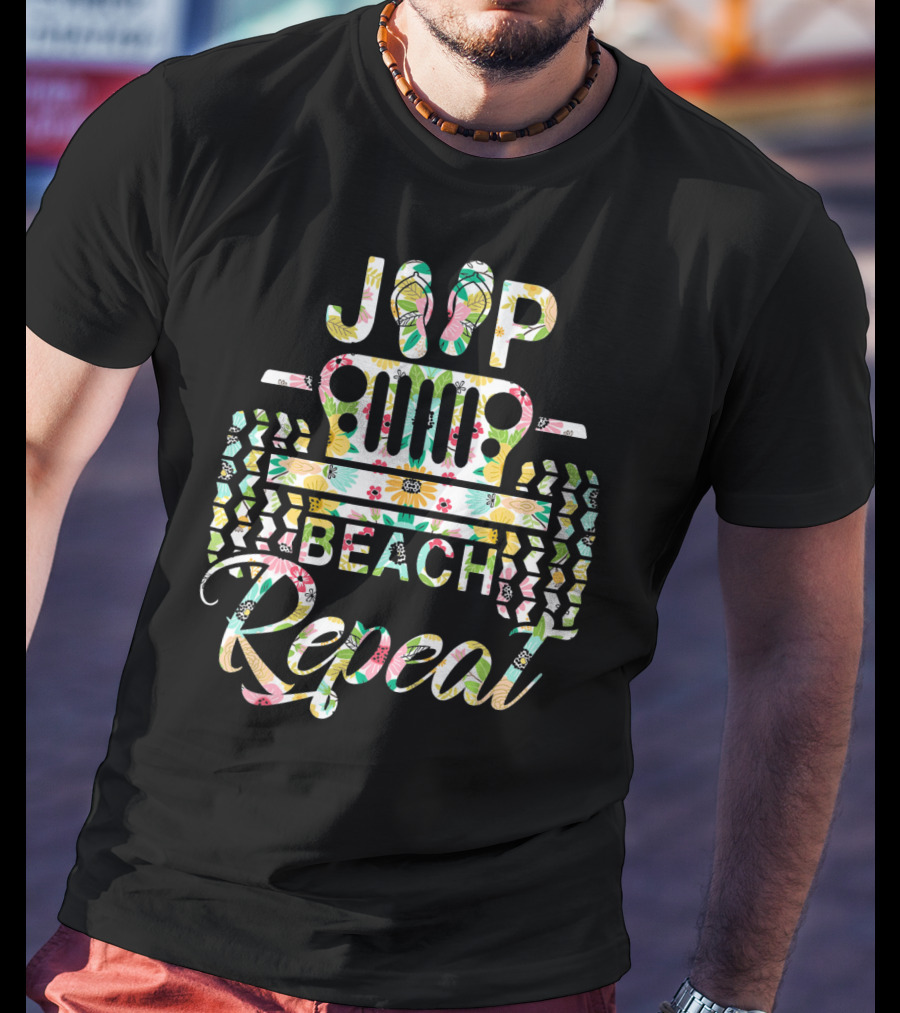 Jeep Beach Repeat Summer Flip Flop Flower T-Shirt