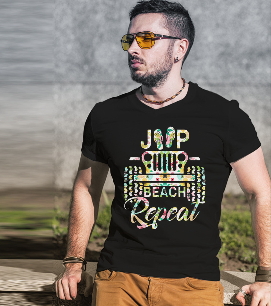 Jeep Beach Repeat Summer Flip Flop Flower T-Shirt