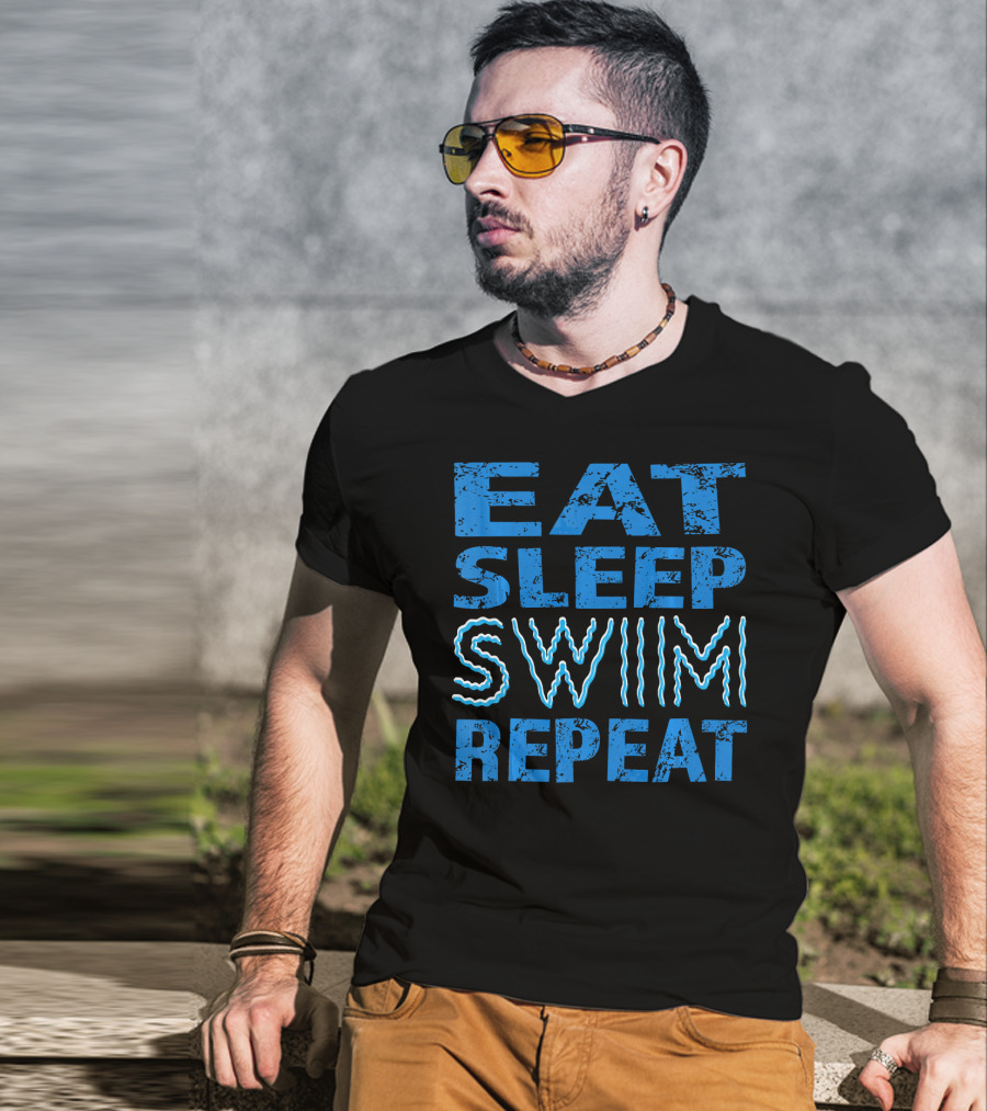 Eat Sleep Swim Repeat Wavy Text Blue T-Shirt
