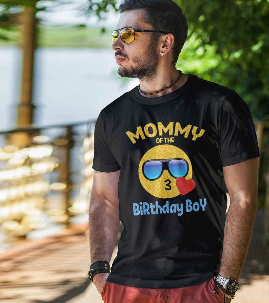 Mommy Of The Birthday Boy Emoji Sunglasses Heart T-Shirt