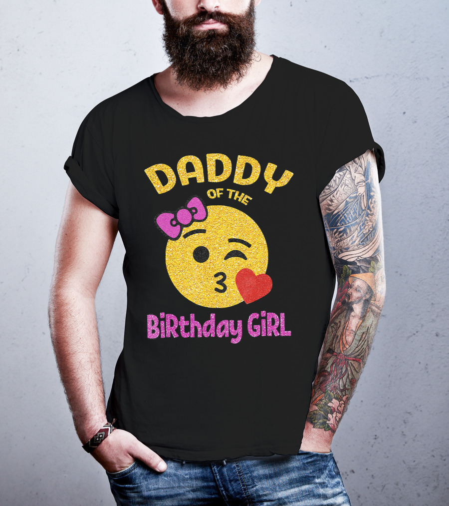 Daddy Of The Birthday Girl Emoji Pink Glitter Heart Bow T-Shirt