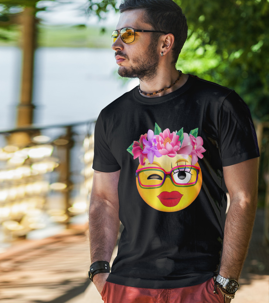 Emoji Face Smiley Emoticon Nerd Winking Glasses And Flower Crown T-Shirt