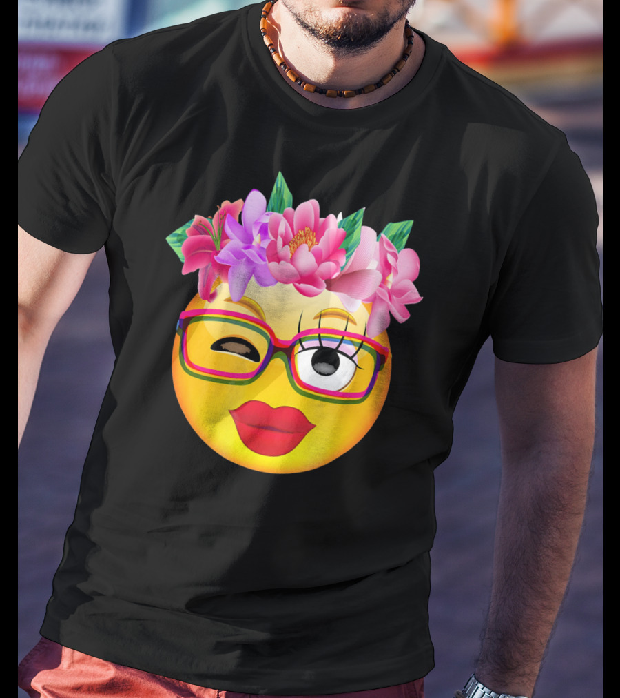 Emoji Face Smiley Emoticon Nerd Winking Glasses And Flower Crown T-Shirt