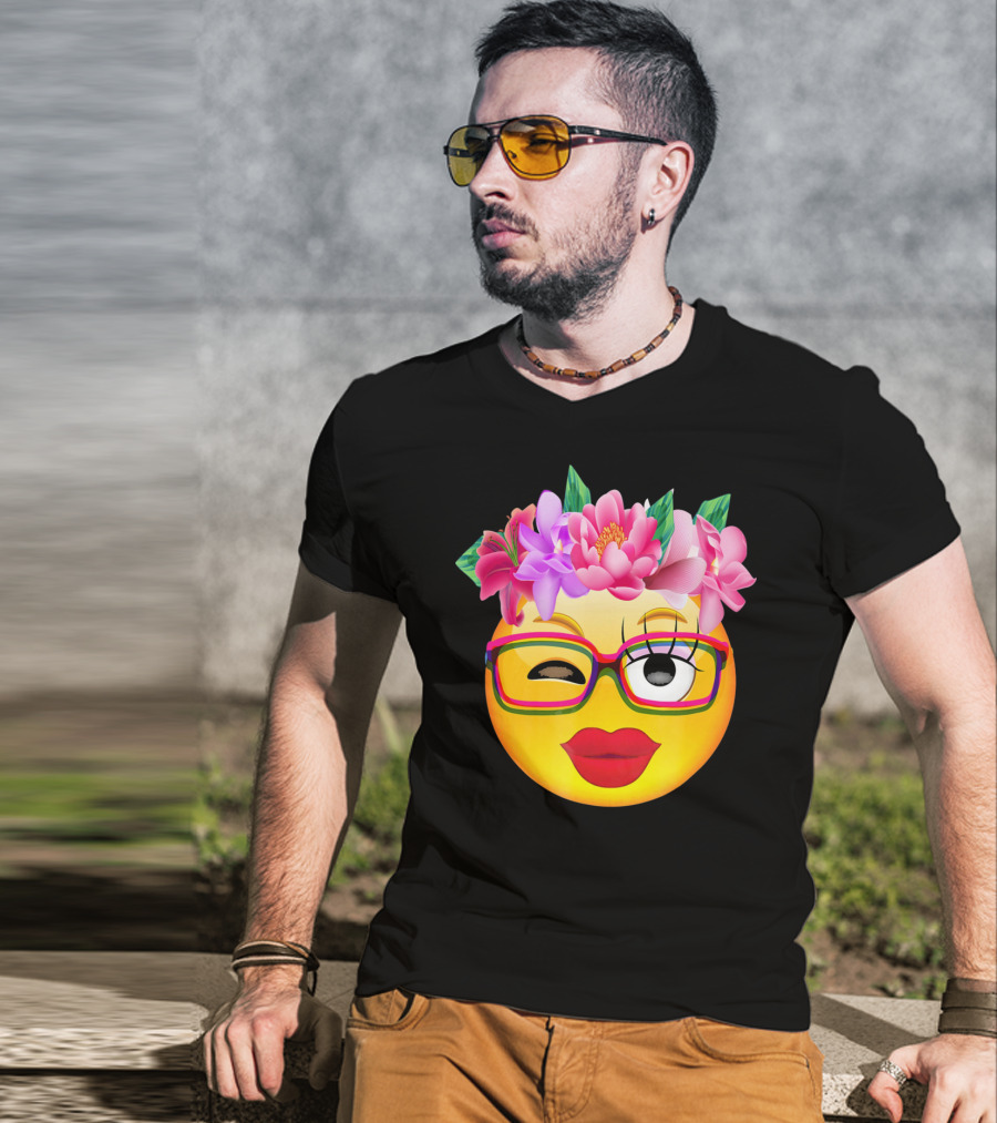 Emoji Face Smiley Emoticon Nerd Winking Glasses And Flower Crown T-Shirt