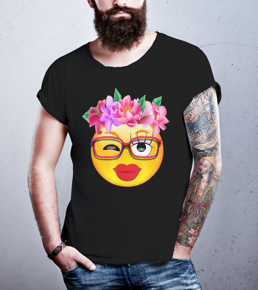 Emoji Face Smiley Emoticon Nerd Winking Glasses And Flower Crown T-Shirt
