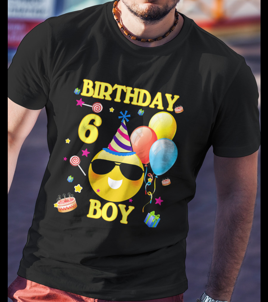 Birthday 6 Boy Emoji With Party Hat And Balloons T-Shirt