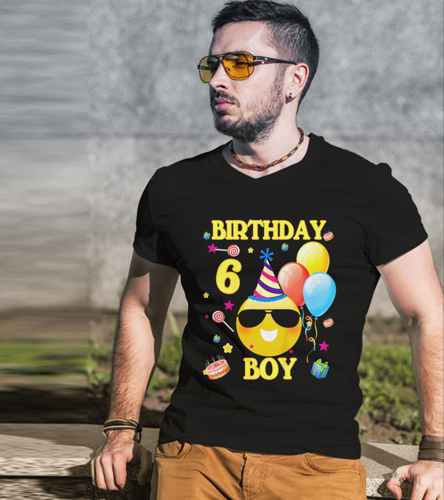 Birthday 6 Boy Emoji With Party Hat And Balloons T-Shirt