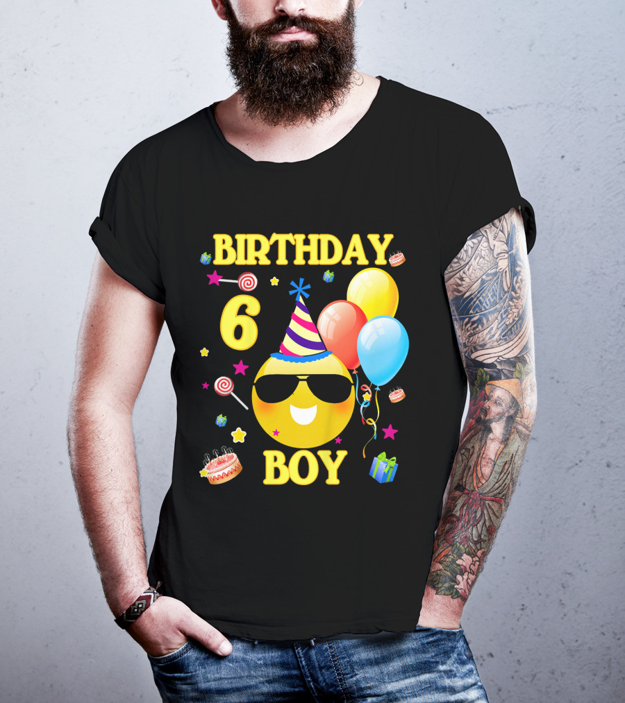 Birthday 6 Boy Emoji With Party Hat And Balloons T-Shirt