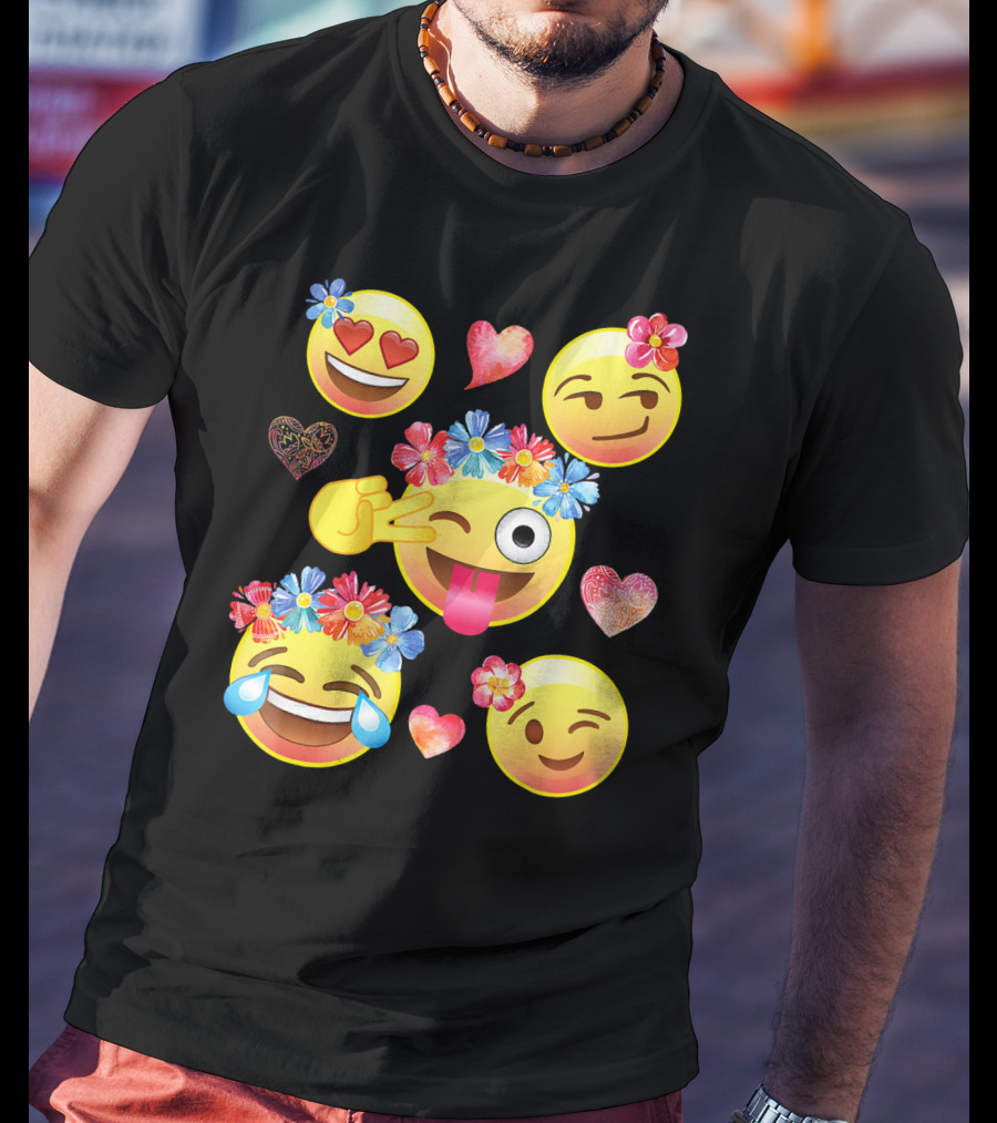 Cute Emoji Flower Crowns Heart Eyes Wink Tongue Out Laughing Crying Hearts T-Shirt