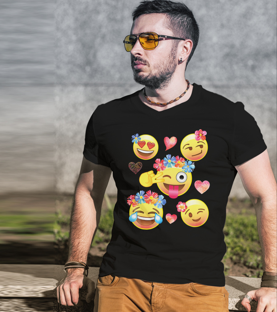 Cute Emoji Flower Crowns Heart Eyes Wink Tongue Out Laughing Crying Hearts T-Shirt
