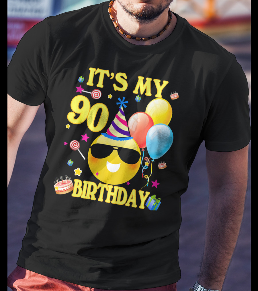 It's My 90 Birthday Cute Emoji Cake Balloons Party Hat T-Shirt