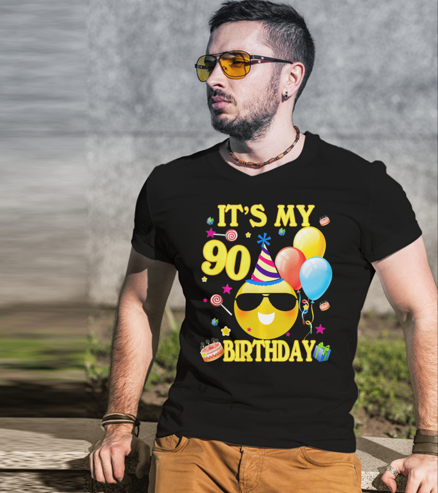 It's My 90 Birthday Cute Emoji Cake Balloons Party Hat T-Shirt