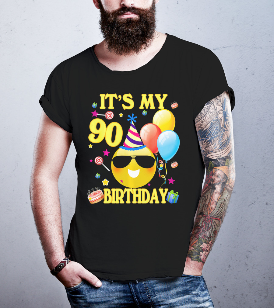It's My 90 Birthday Cute Emoji Cake Balloons Party Hat T-Shirt