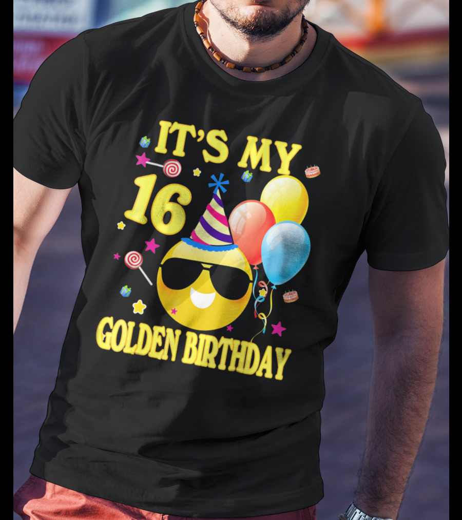It's My 16 Golden Birthday Emoji Balloons Party Hat T-Shirt