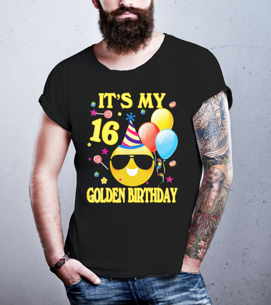 It's My 16 Golden Birthday Emoji Balloons Party Hat T-Shirt