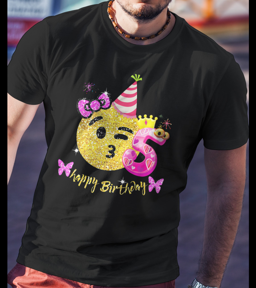 Happy Birthday Five Years Emoji Glitter T-Shirt